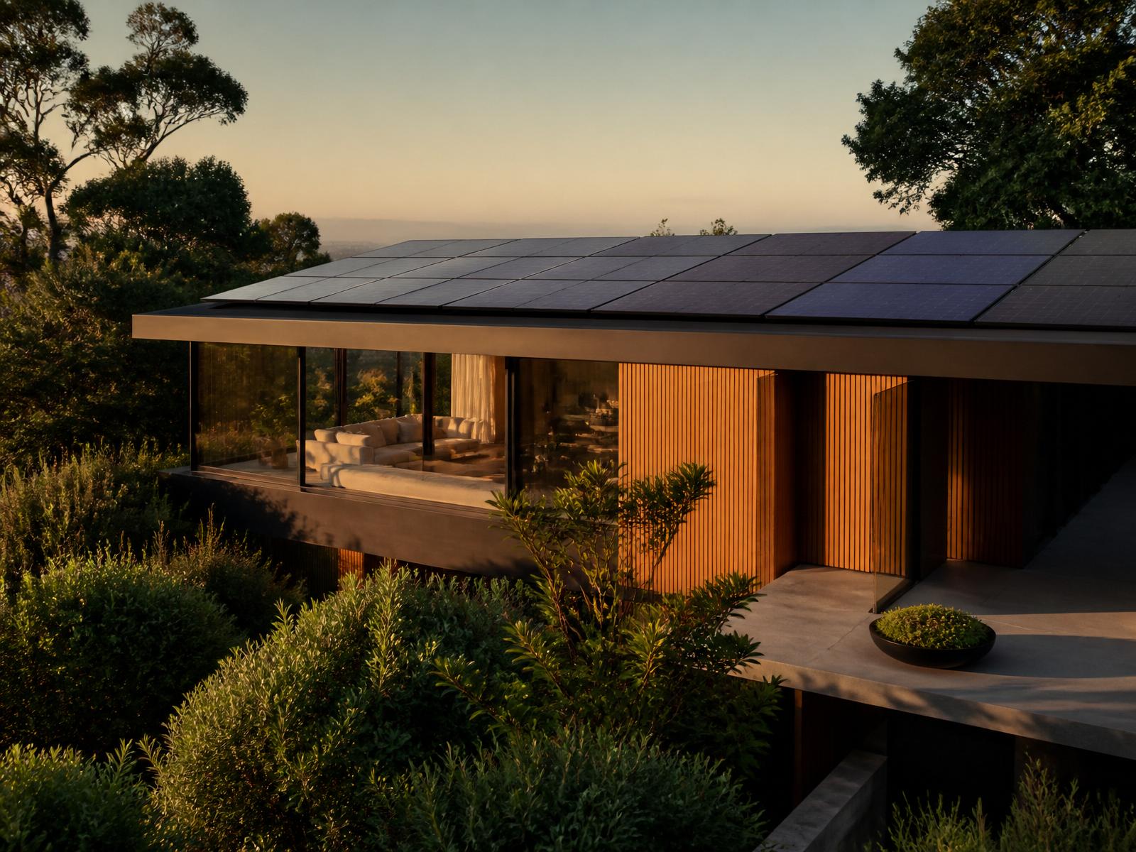 Modern home with rooftop solar panels